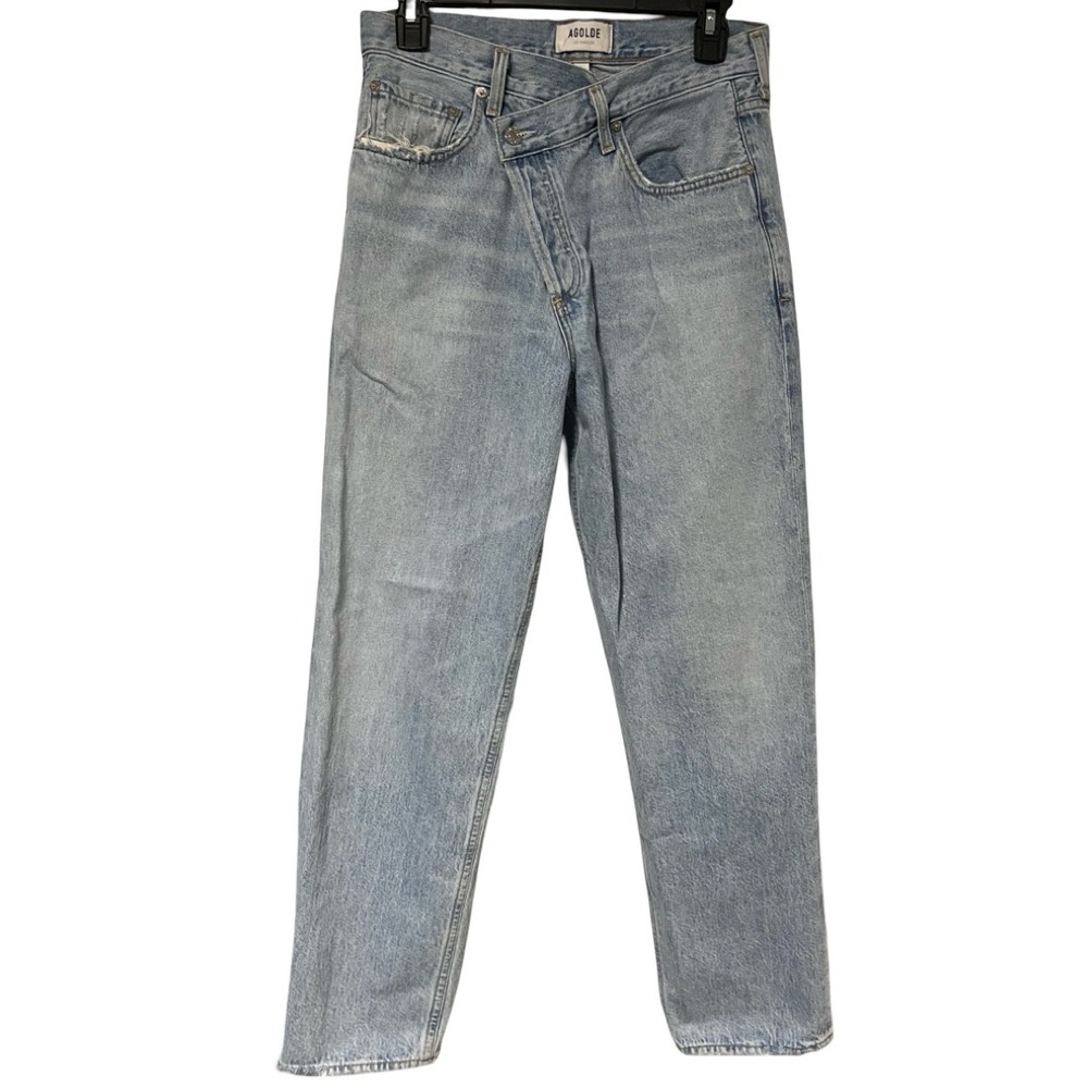 AGOLDE Criss Cross Upsized Jean Light Wash Denim Distressed Straight Leg Size 27